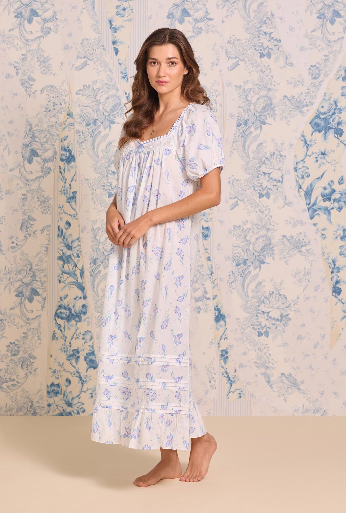 A lady wearing The "Jolee" Blue Crocus Cotton Lawn Ballet Nightgown

