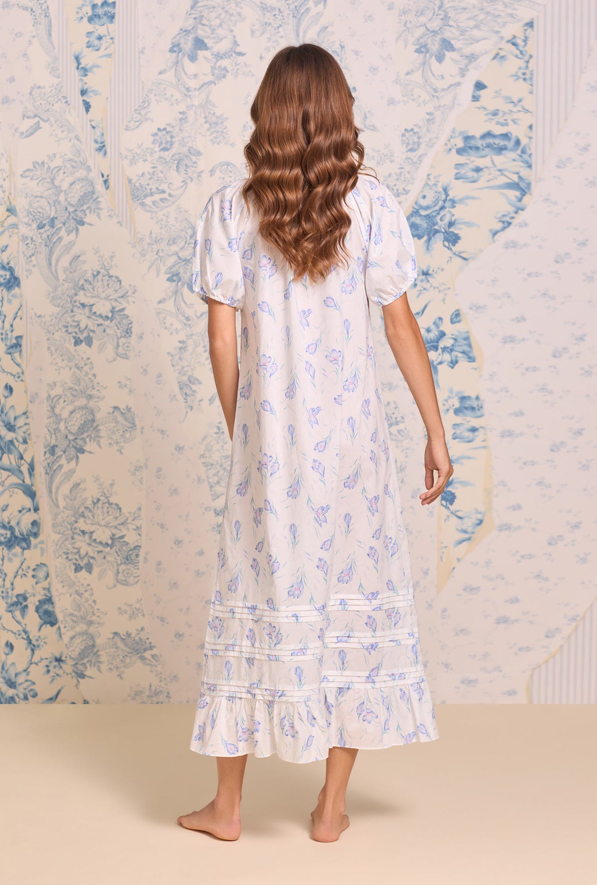 A lady wearing The "Jolee" Blue Crocus Cotton Lawn Ballet Nightgown

