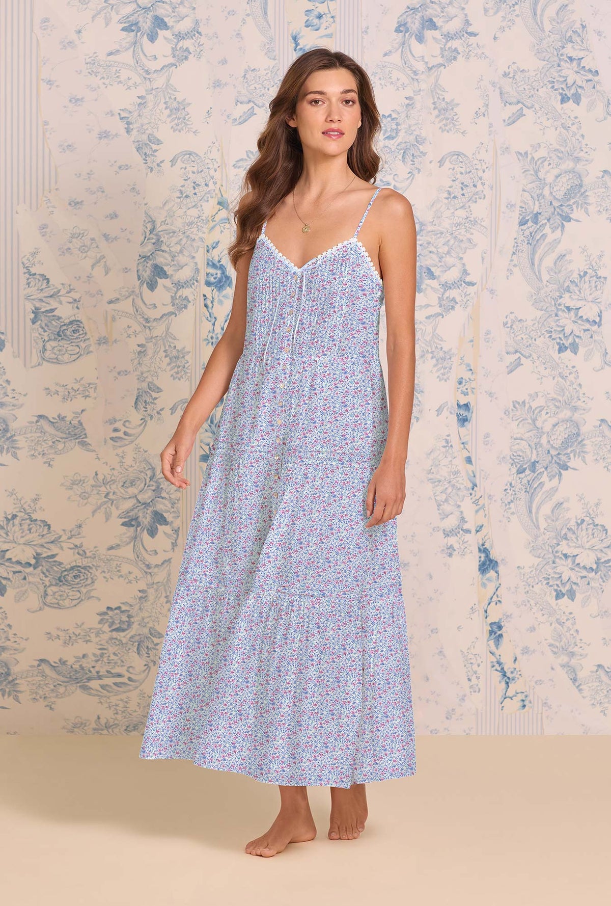 A lady wearing The "Esme" Wintertide Ditsy Cotton Lawn Ballet Nightgown
