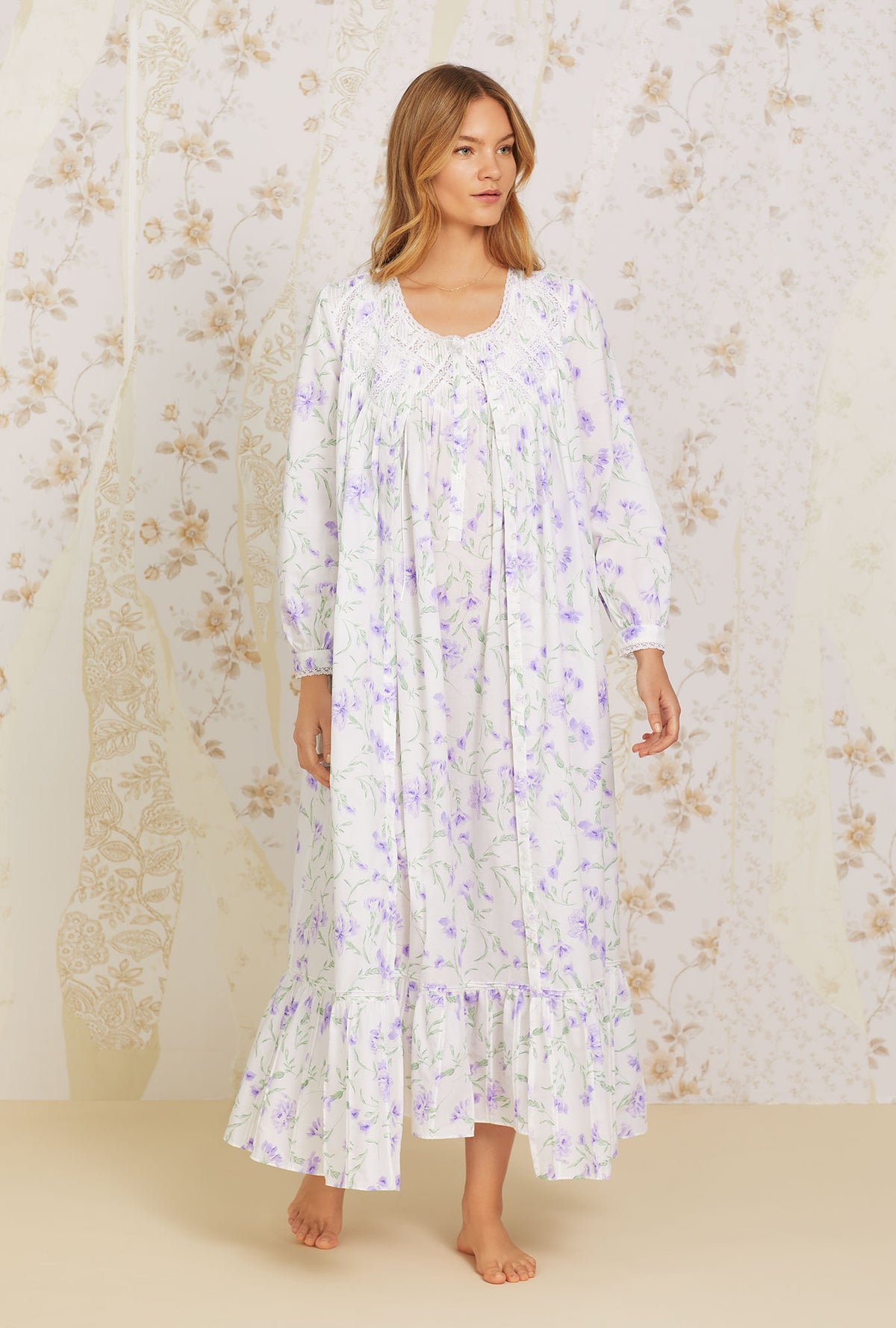 A lady wearing white  long sleeve  Dream Cotton Button Front Robe with Lilac Carnation  print