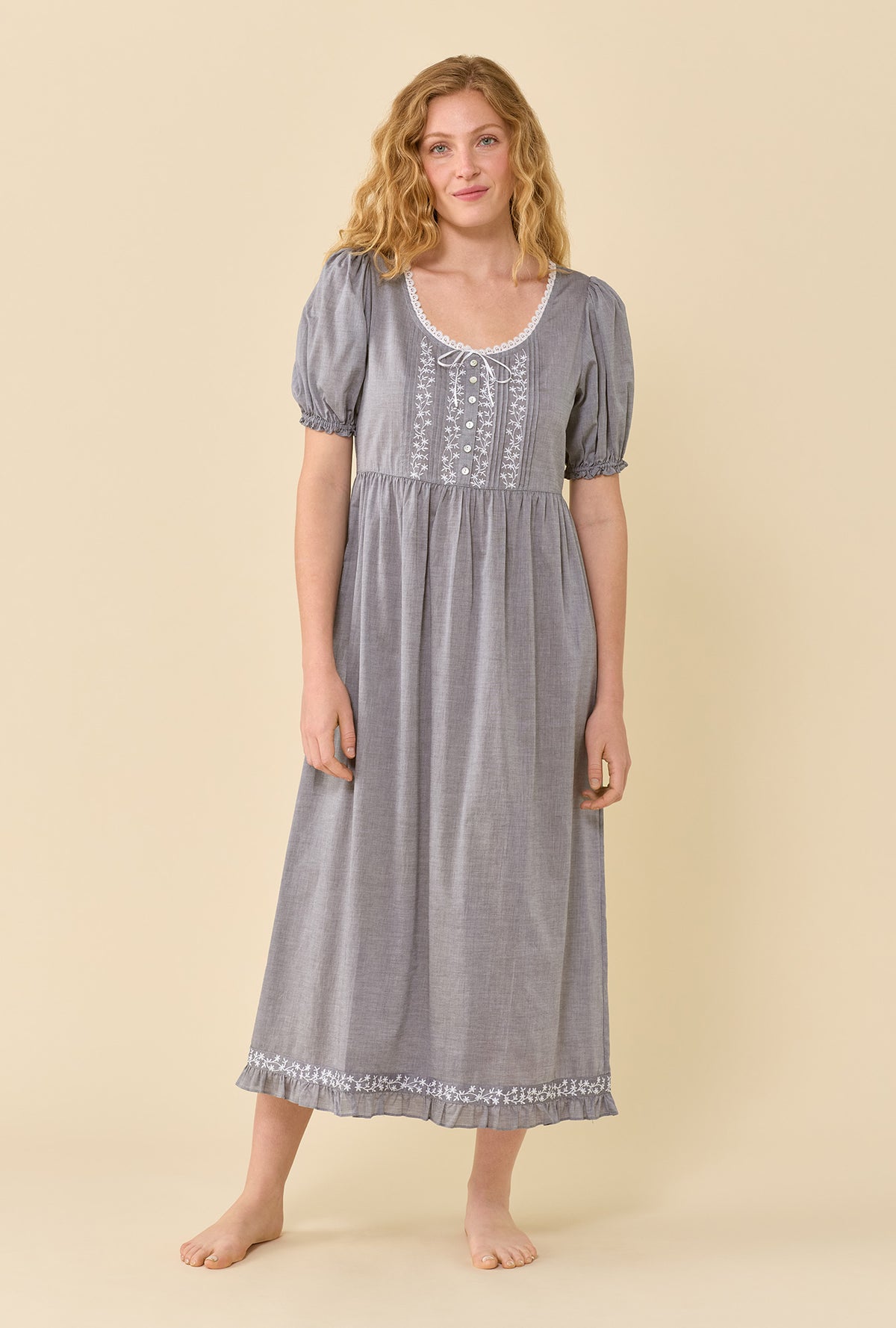 Juliet Moonlight 100% Cotton Yarndye Chambray Puff Sleeve Ballet Nightgown