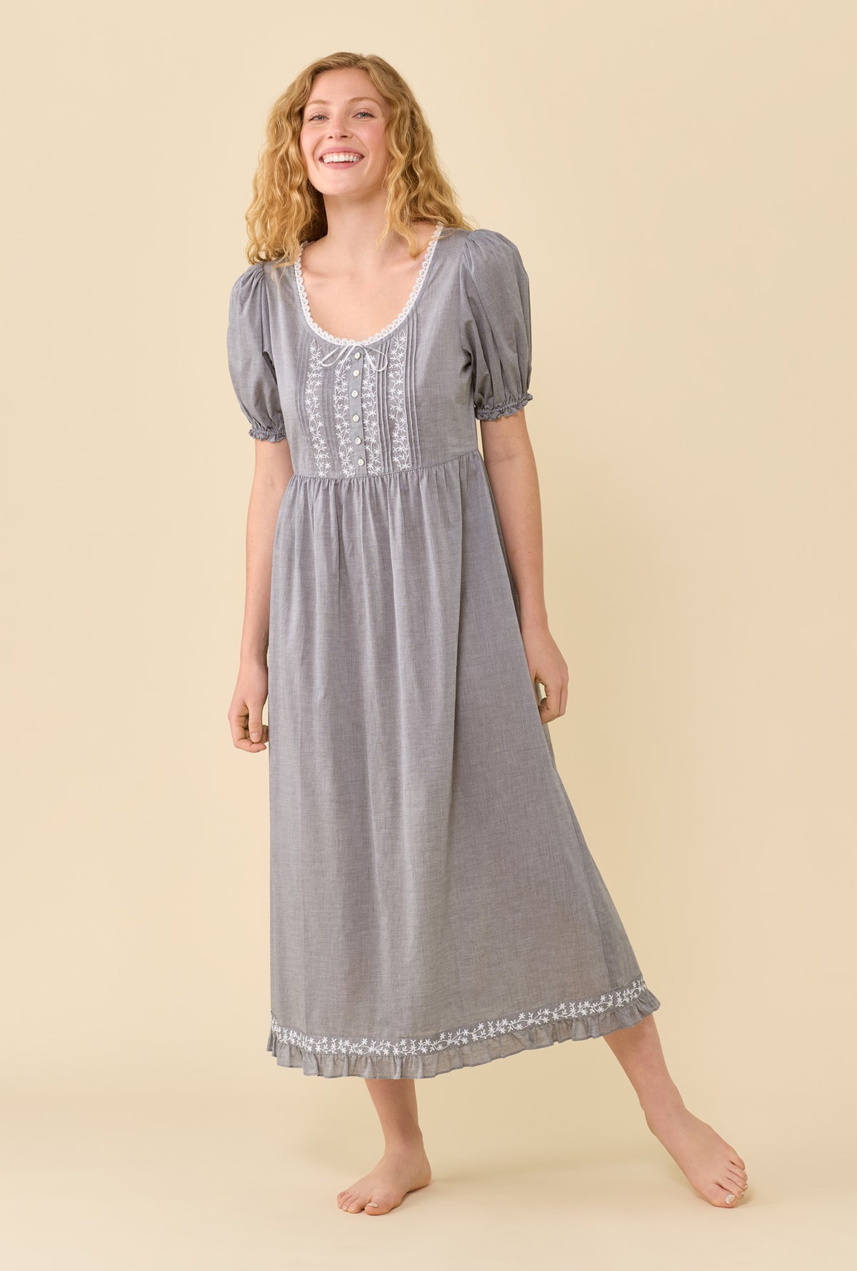 Juliet Moonlight 100% Cotton Yarndye Chambray Puff Sleeve Ballet Nightgown