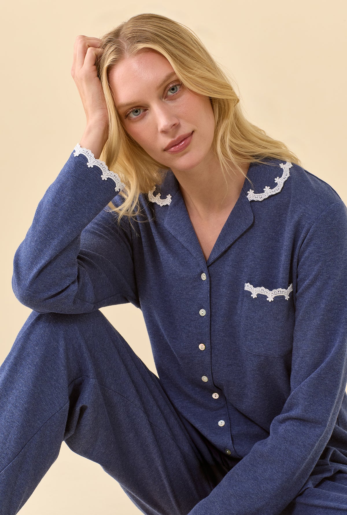Peri Heather Cotton Rich Interlock Jersey Knit Long Sleeve Pajama Set