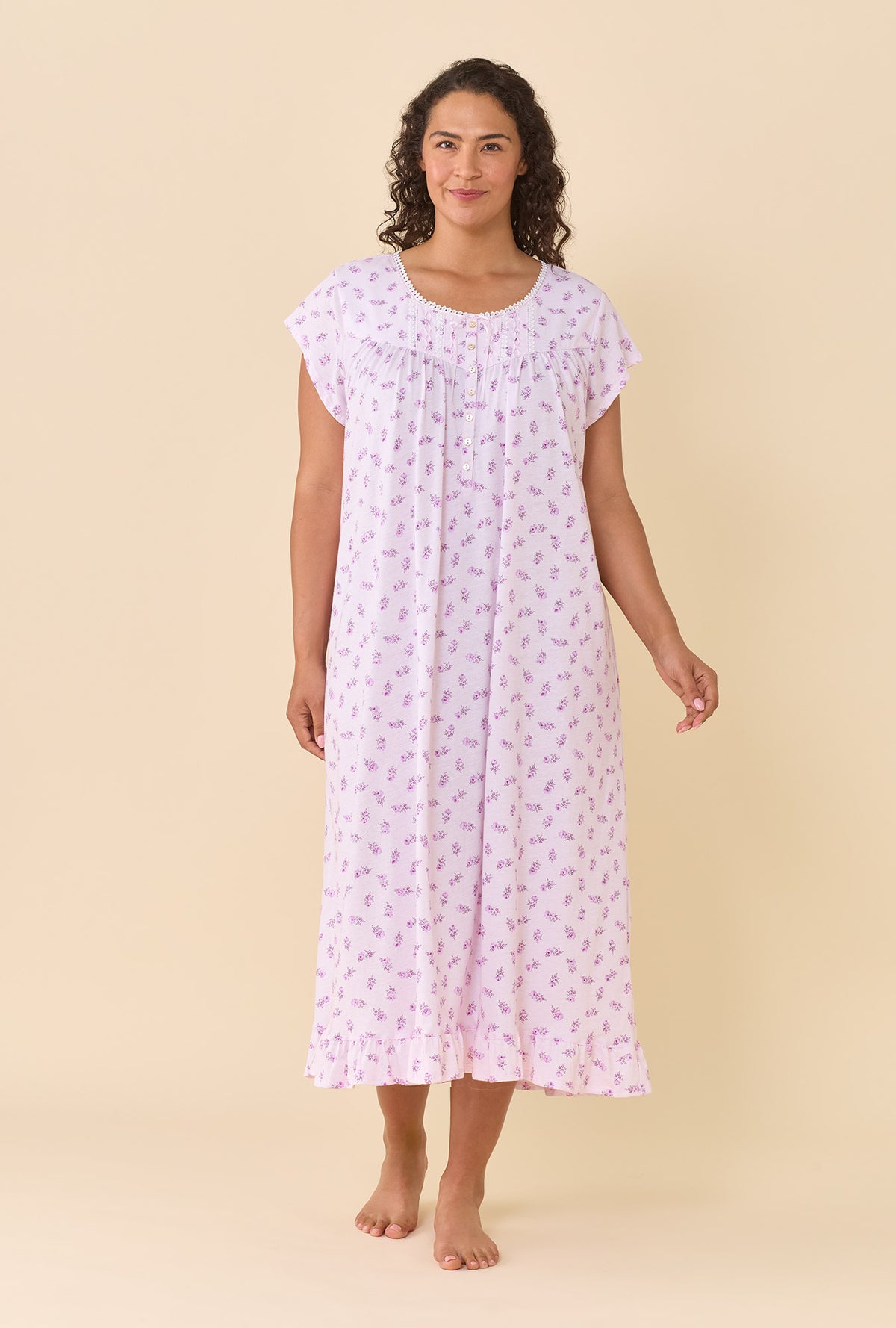Scattered Floral 100% Cotton Jersey Knit Cap Sleeve Ballet Nightgown