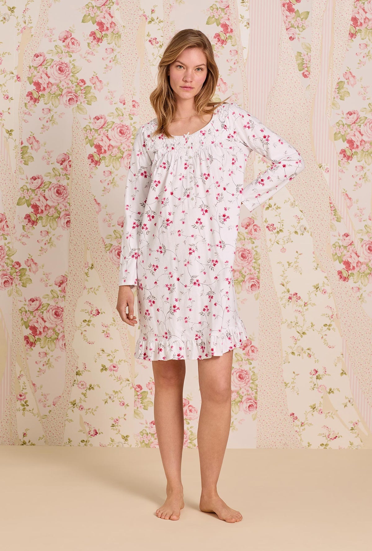 A Lady wearing Embervine Cotton Knit Long Sleeve Short Nightgown