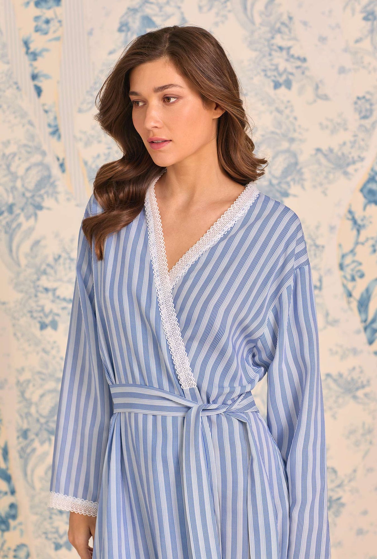 A lady wearing Harbour Stripe Ecovero™ Rayon Short Wrape Robe closer look