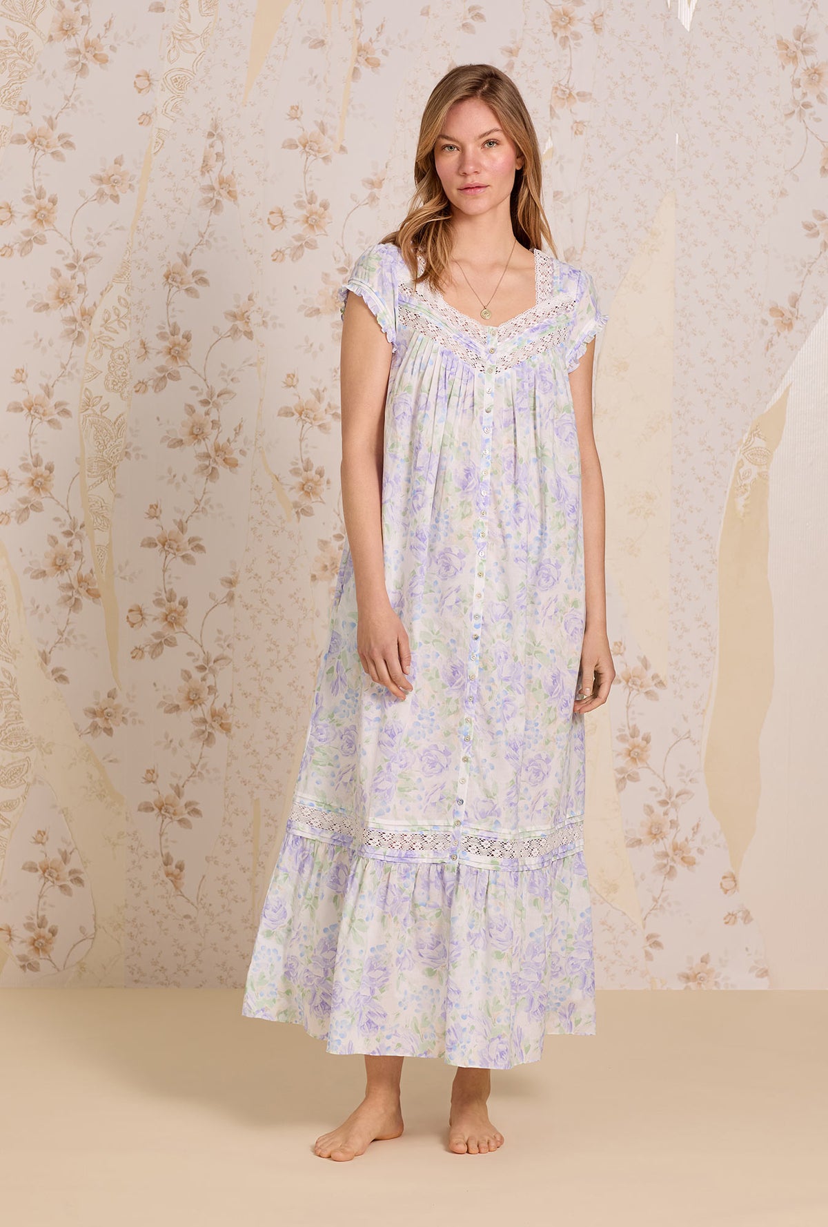 A lady wearing Lavender Echo Cotton Lawn Button Front Robe