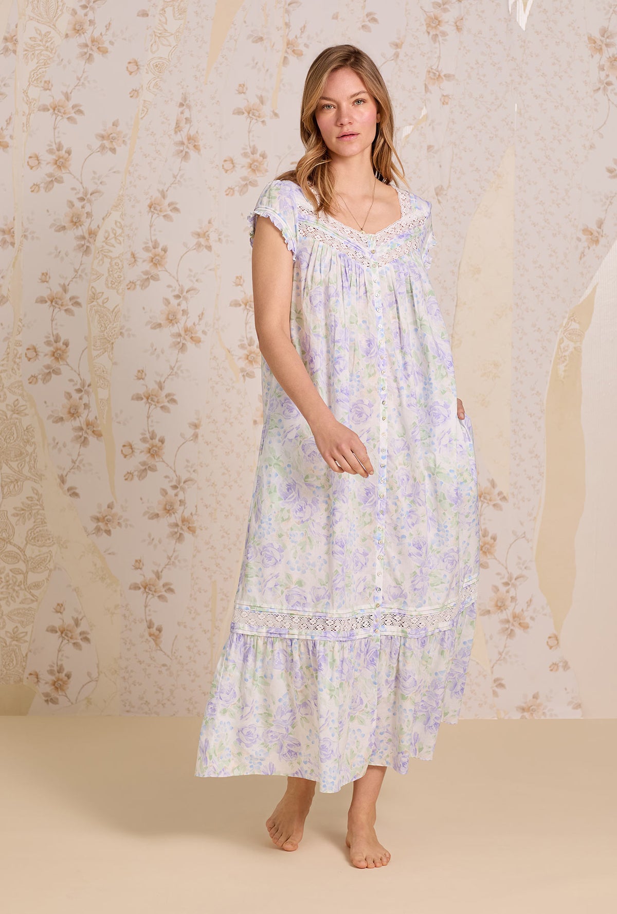 A lady wearing Lavender Echo Cotton Lawn Button Front Robe
