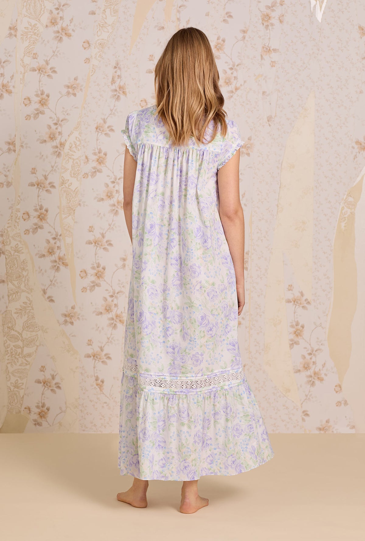 A lady wearing Lavender Echo Cotton Lawn Button Front Robe