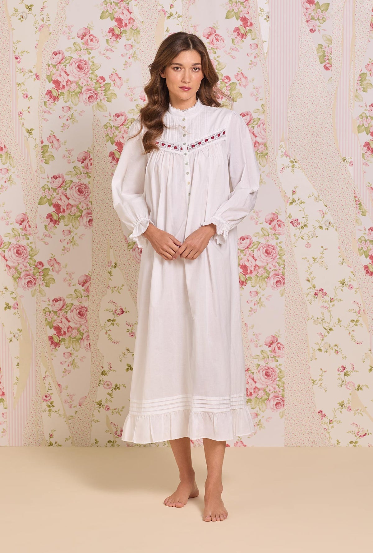 Iconic White Long Sleeve Highneck Cotton Lawn Nightgown