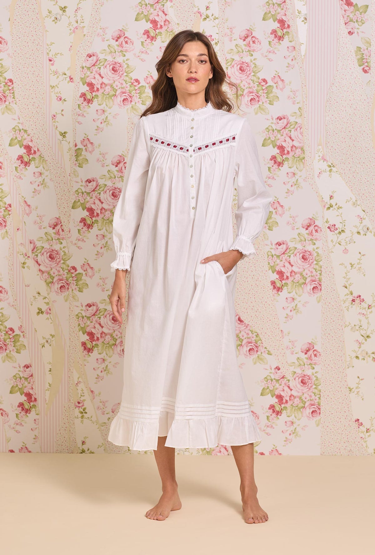 Iconic White Long Sleeve Highneck Cotton Lawn Nightgown