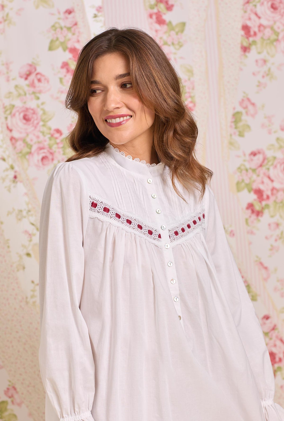 Iconic White Long Sleeve Highneck Cotton Lawn Nightgown