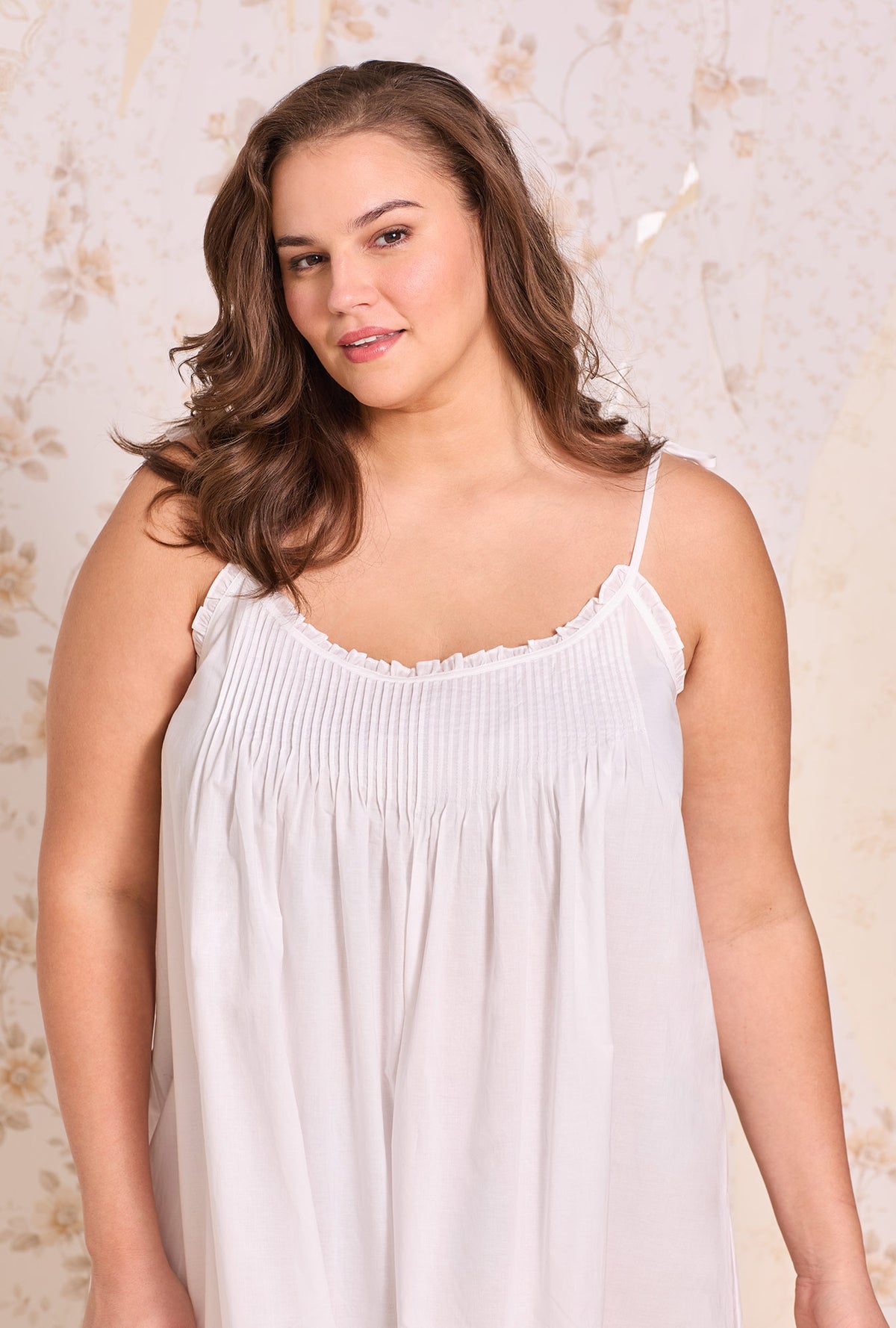 A lady wearing plus size The "Lucille" Iconic White Cotton Lawn Ballet Nightgown closer look