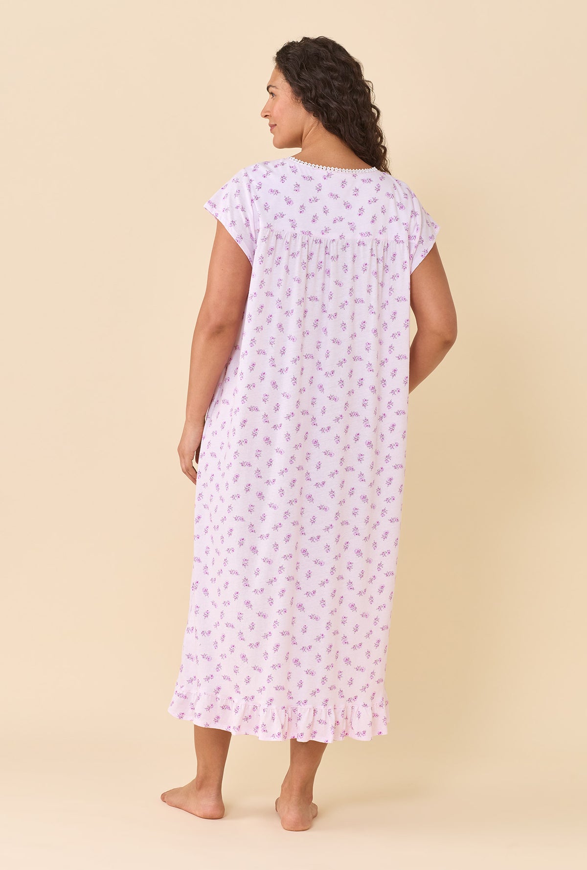 A lady wearing plus size Scattered Floral 100% Cotton Jersey Knit Cap Sleeve Ballet Nightgown back view