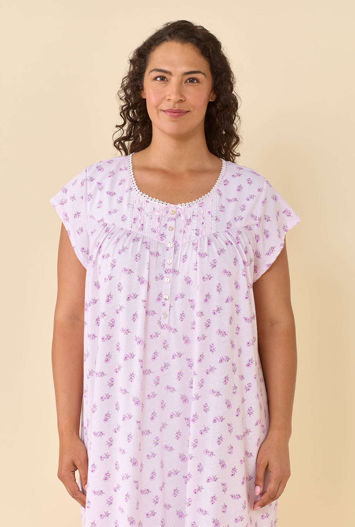 A lady wearing plus size Scattered Floral 100% Cotton Jersey Knit Cap Sleeve Ballet Nightgown closer look