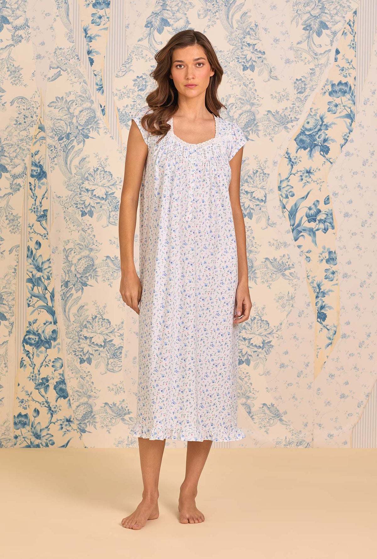 A lady wearing Catalina Rosebud Cotton Knit Cap Sleeve Ballet Nightgown looking front