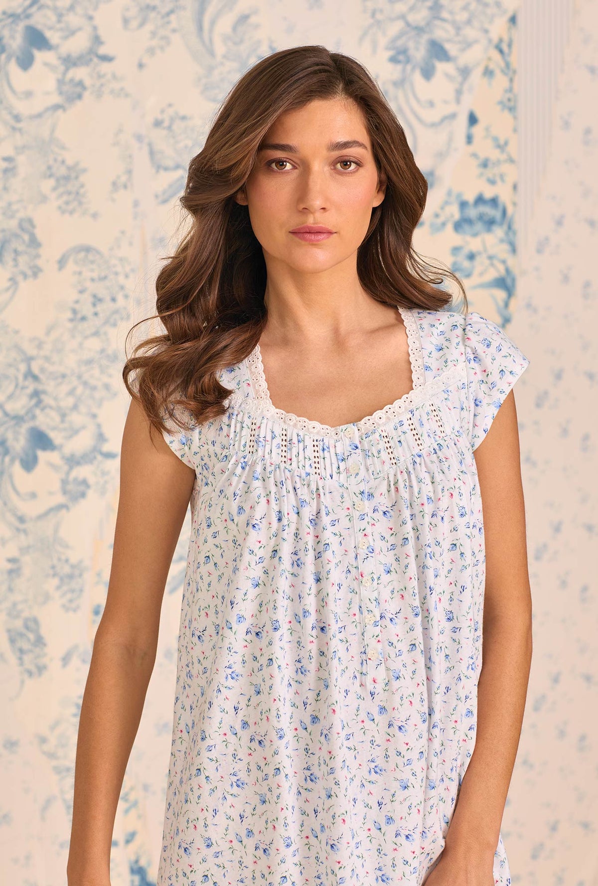 A lady wearing Catalina Rosebud Cotton Knit Cap Sleeve Ballet Nightgown closer look