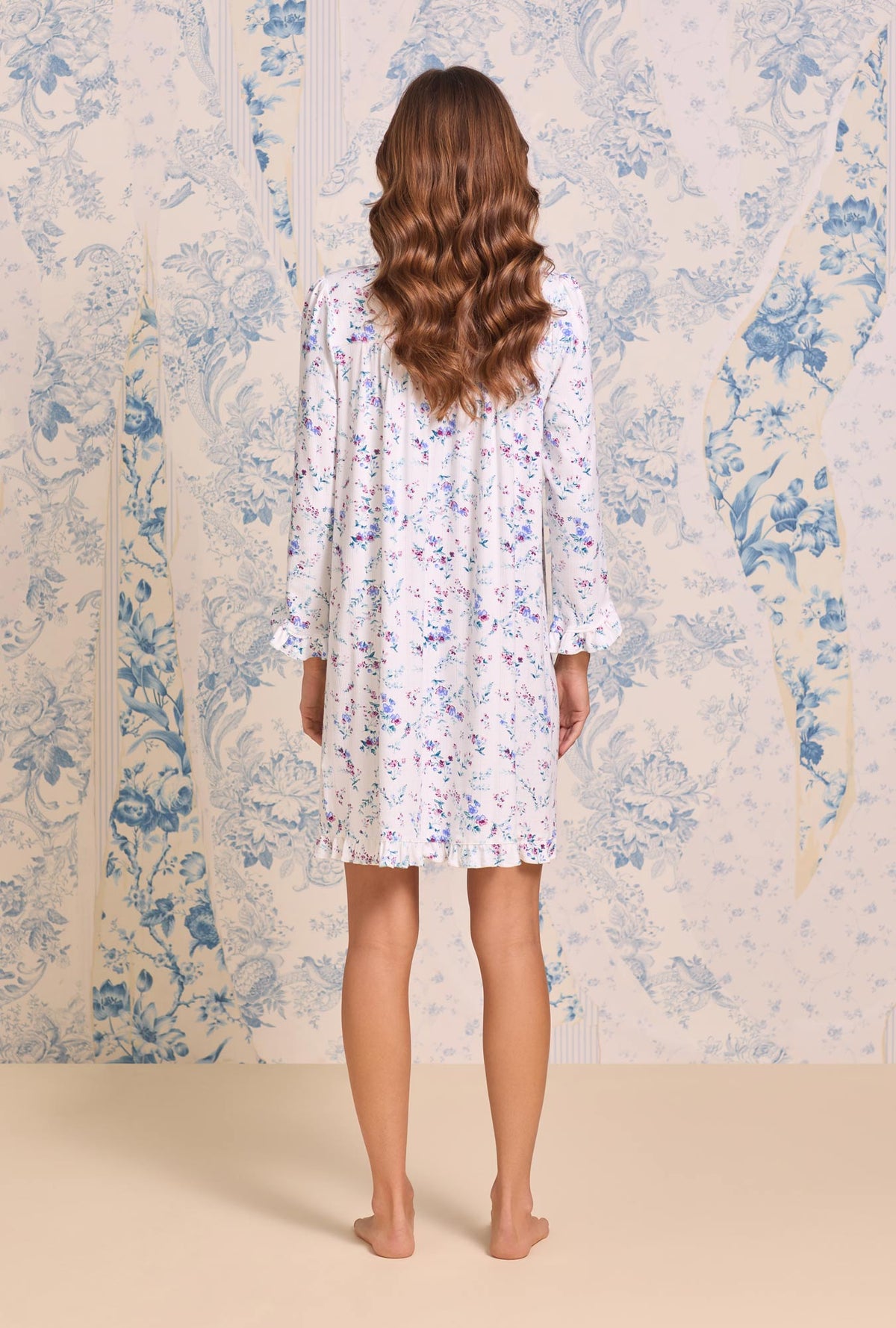 a lady wearing Cottage Flora Cotton Pointelle Long Sleeve Chemise