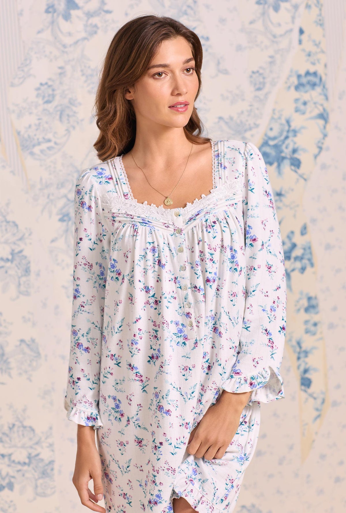 a lady wearing Cottage Flora Cotton Pointelle Long Sleeve Chemise