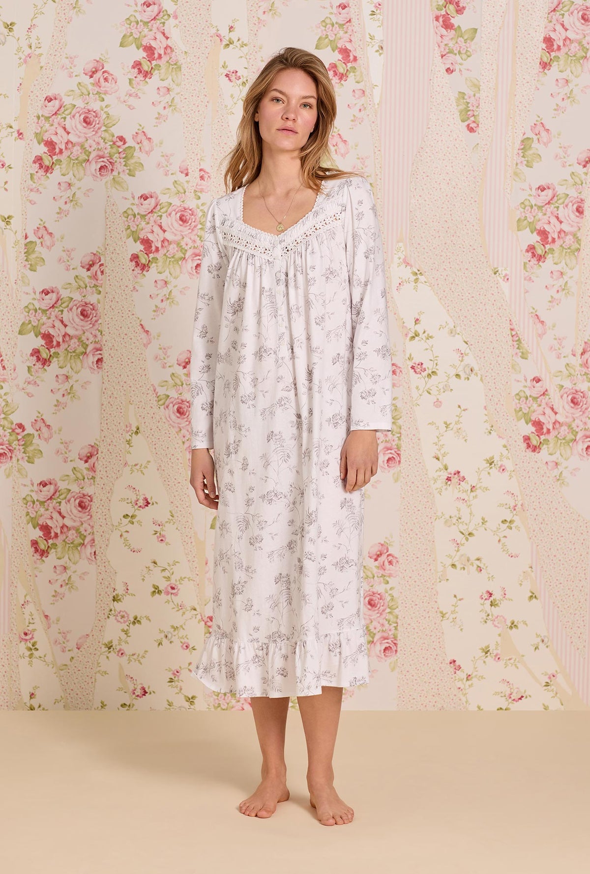 A lady wearing Dusk Blossom Cotton Knit Long Sleeve Ballet Nightgown
