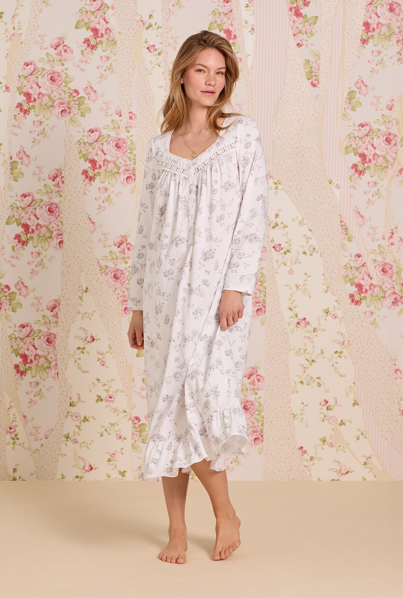 A lady wearing Dusk Blossom Cotton Knit Long Sleeve Ballet Nightgown