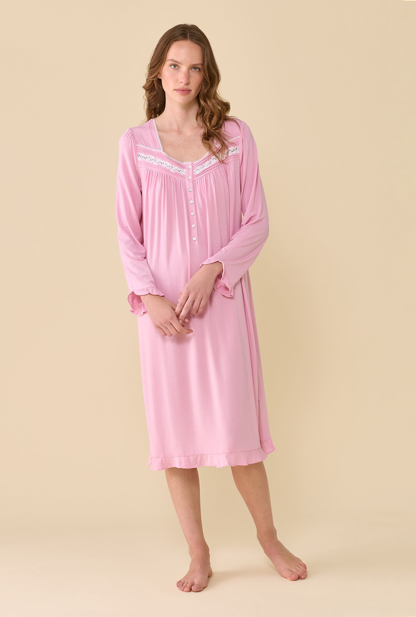 A lady wearing Dusty Rose Long Sleeve Nightgown 