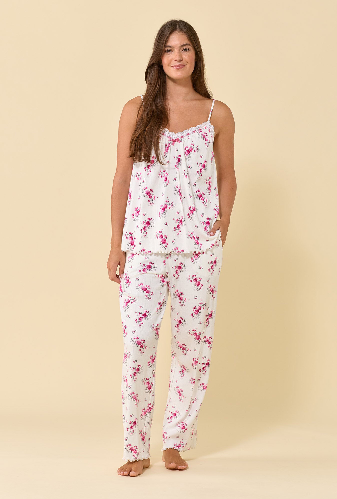 Crimson Posy Brushed Cotton Pointelle Cami Pajama Set
