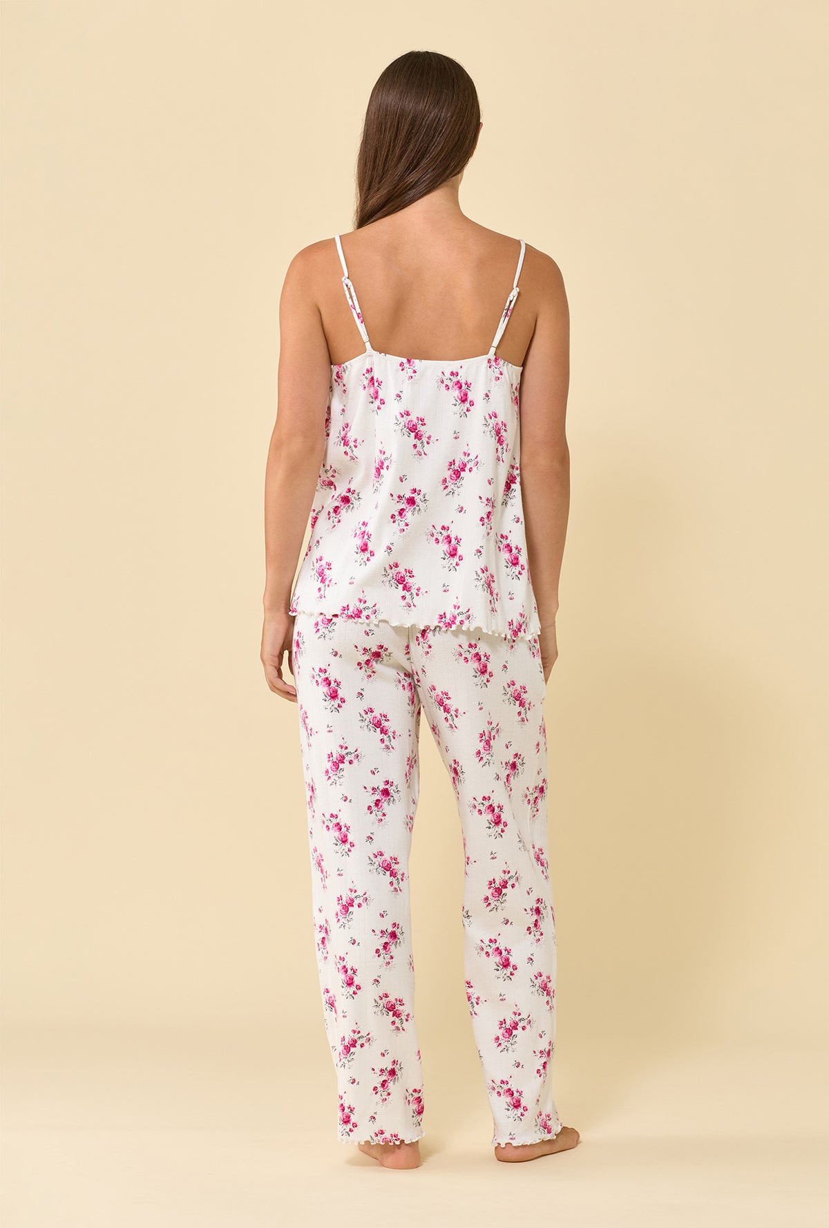 A lady wearing Crimson Posy Brushed Cotton Pointelle Cami Pajama Set