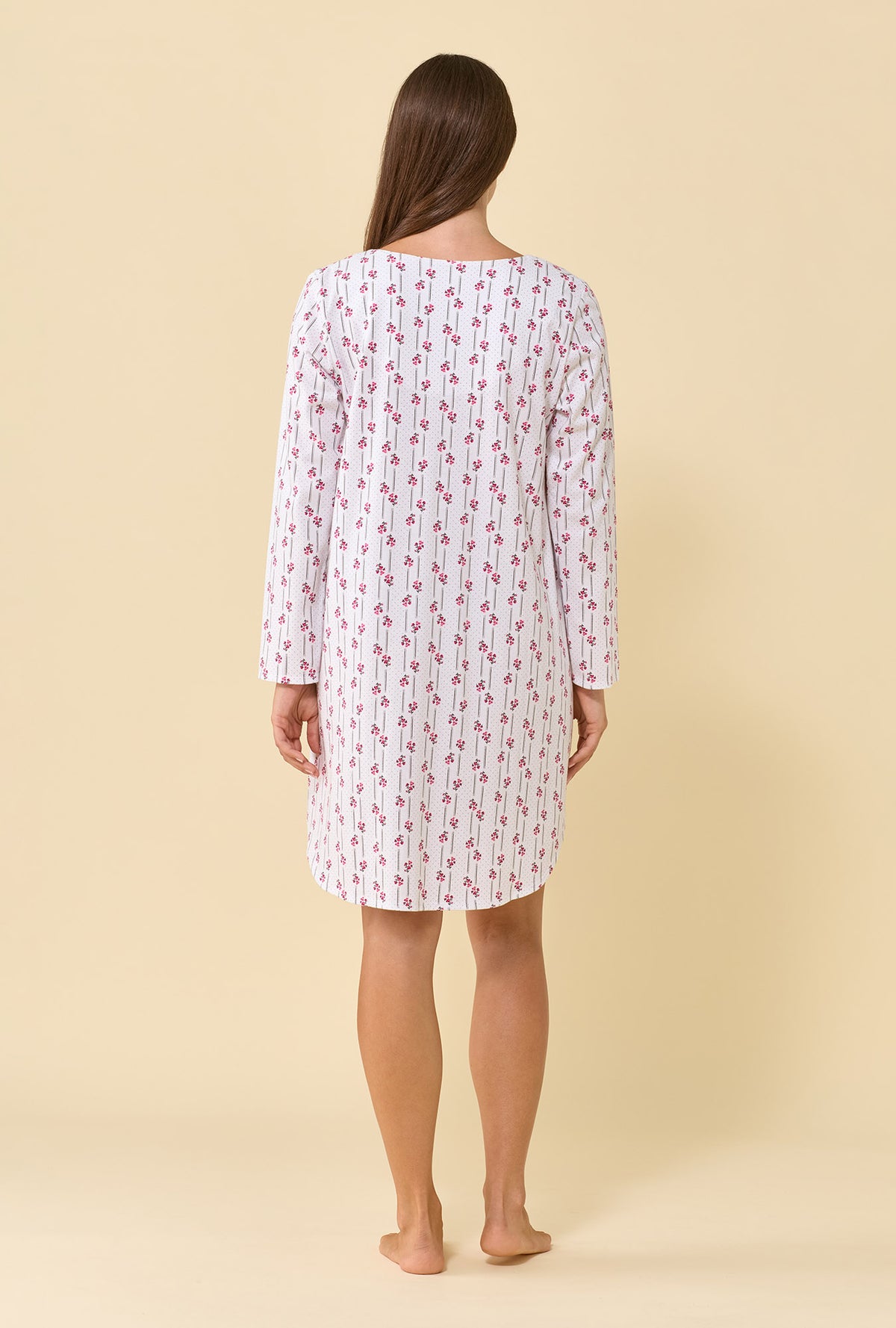 A lady wearing Trellis Rose 100% Cotton Jersey Knit Long Sleeve Nightshirt