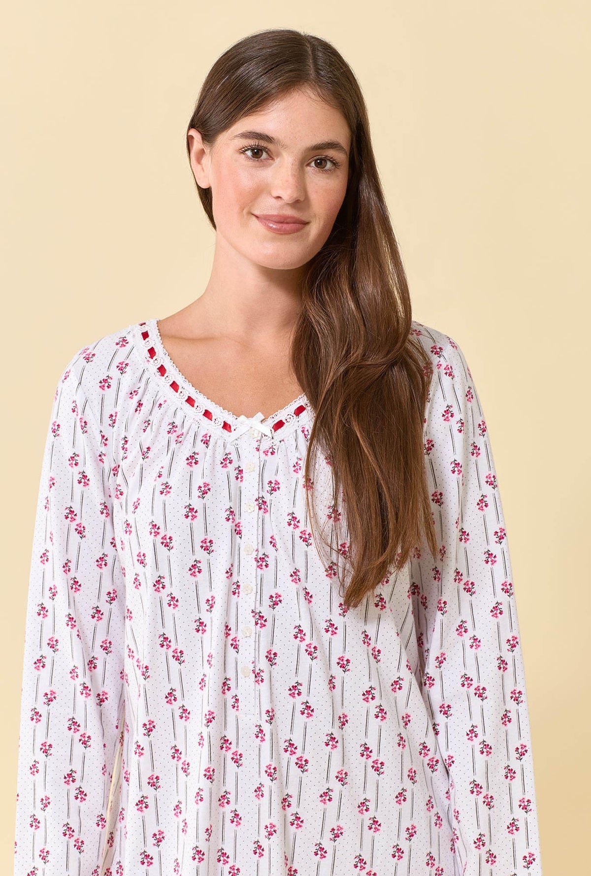 A lady wearing Trellis Rose 100% Cotton Jersey Knit Long Sleeve Nightshirt