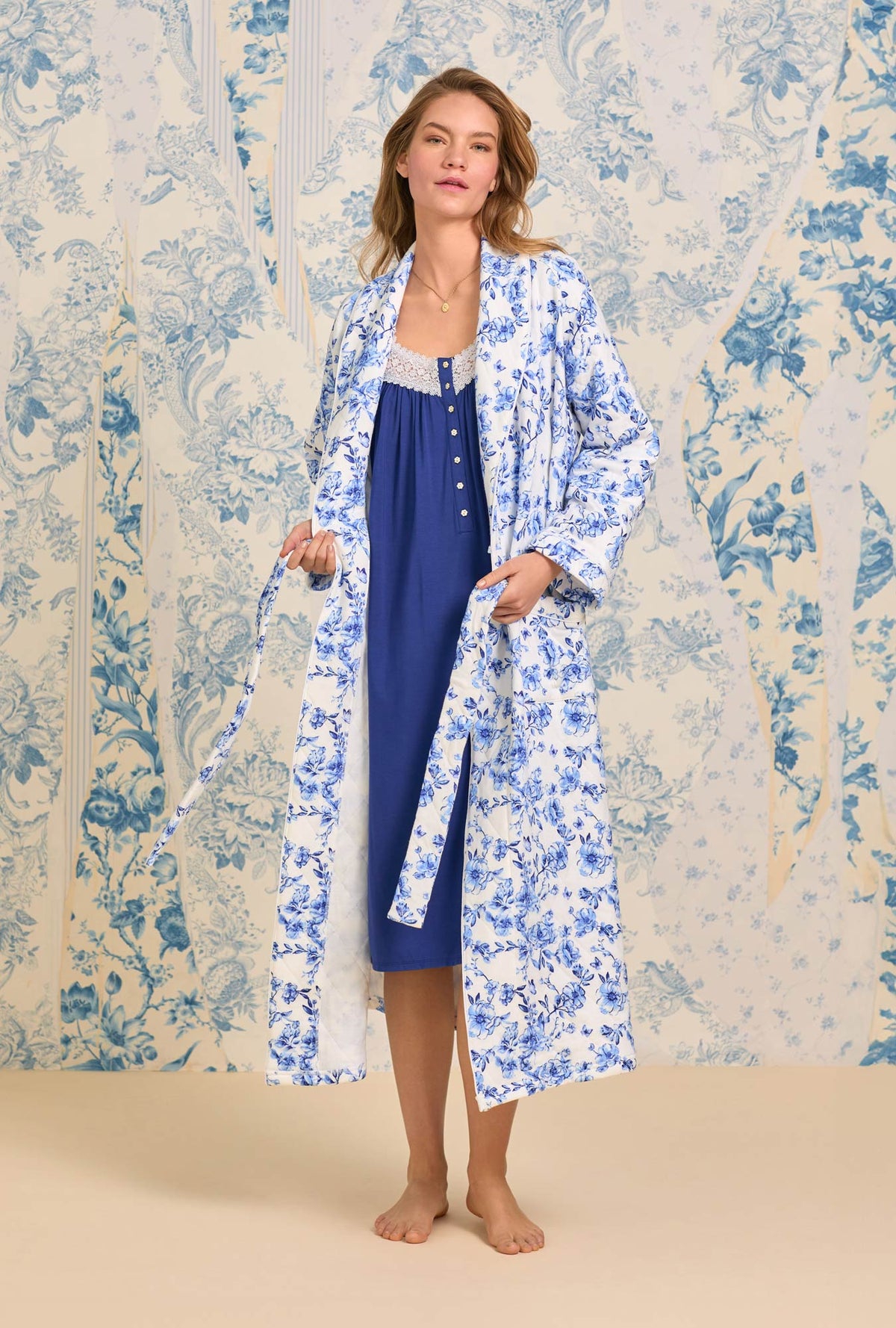 A lady wearing Rustic Rose Diamond Quilt Wrap Robe