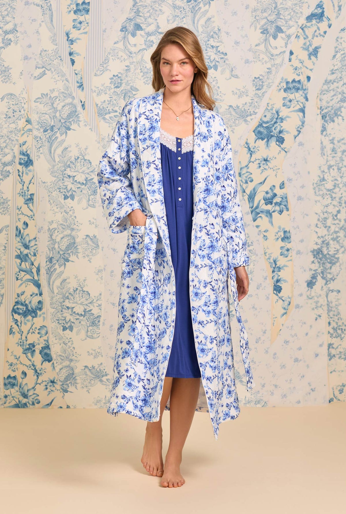 A lady wearing Rustic Rose Diamond Quilt Wrap Robe