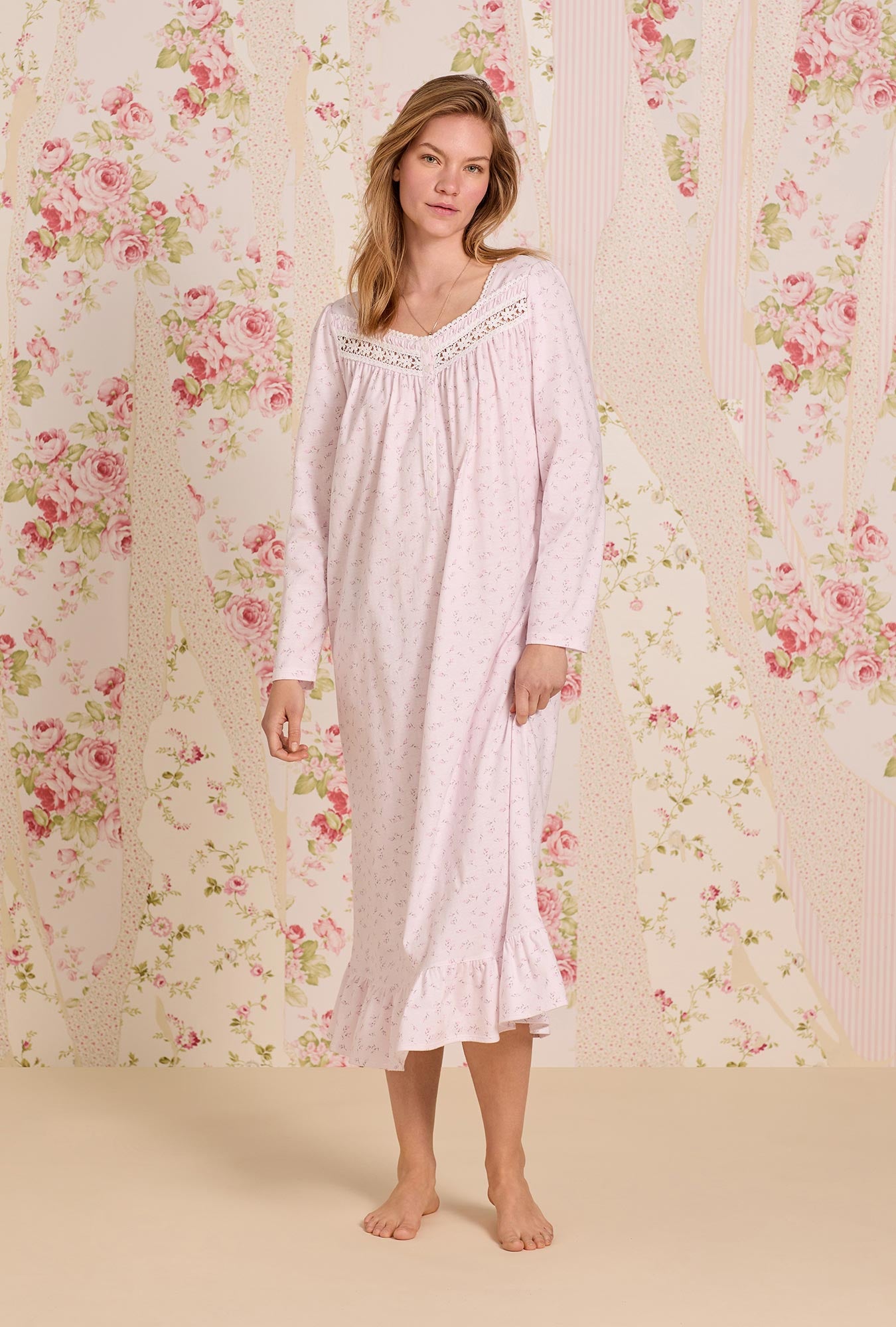 A lady wearing Baby Rose Cotton Knit Long Sleeve Ballet Nightgown
