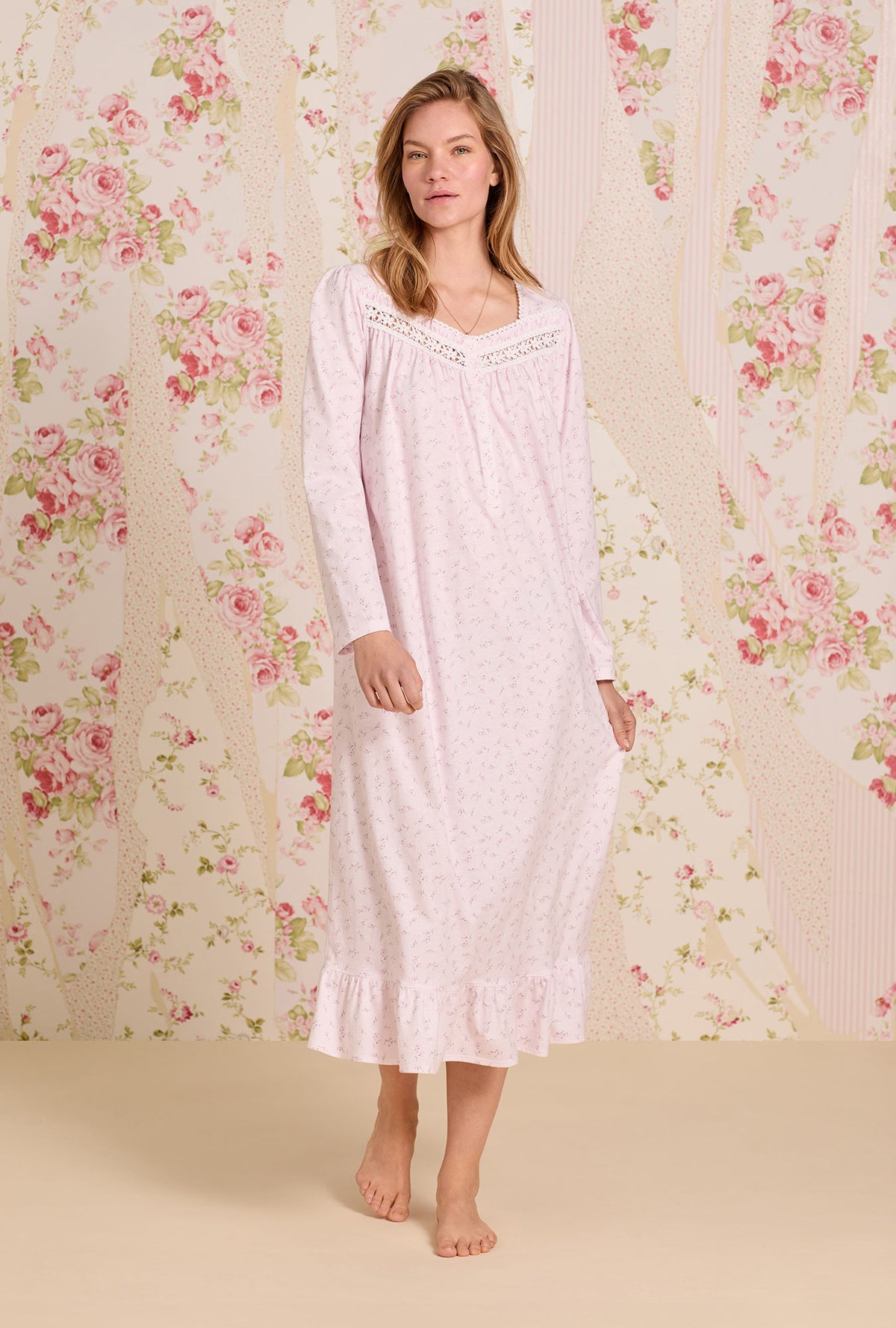 A lady wearing Baby Rose Cotton Knit Long Sleeve Ballet Nightgown