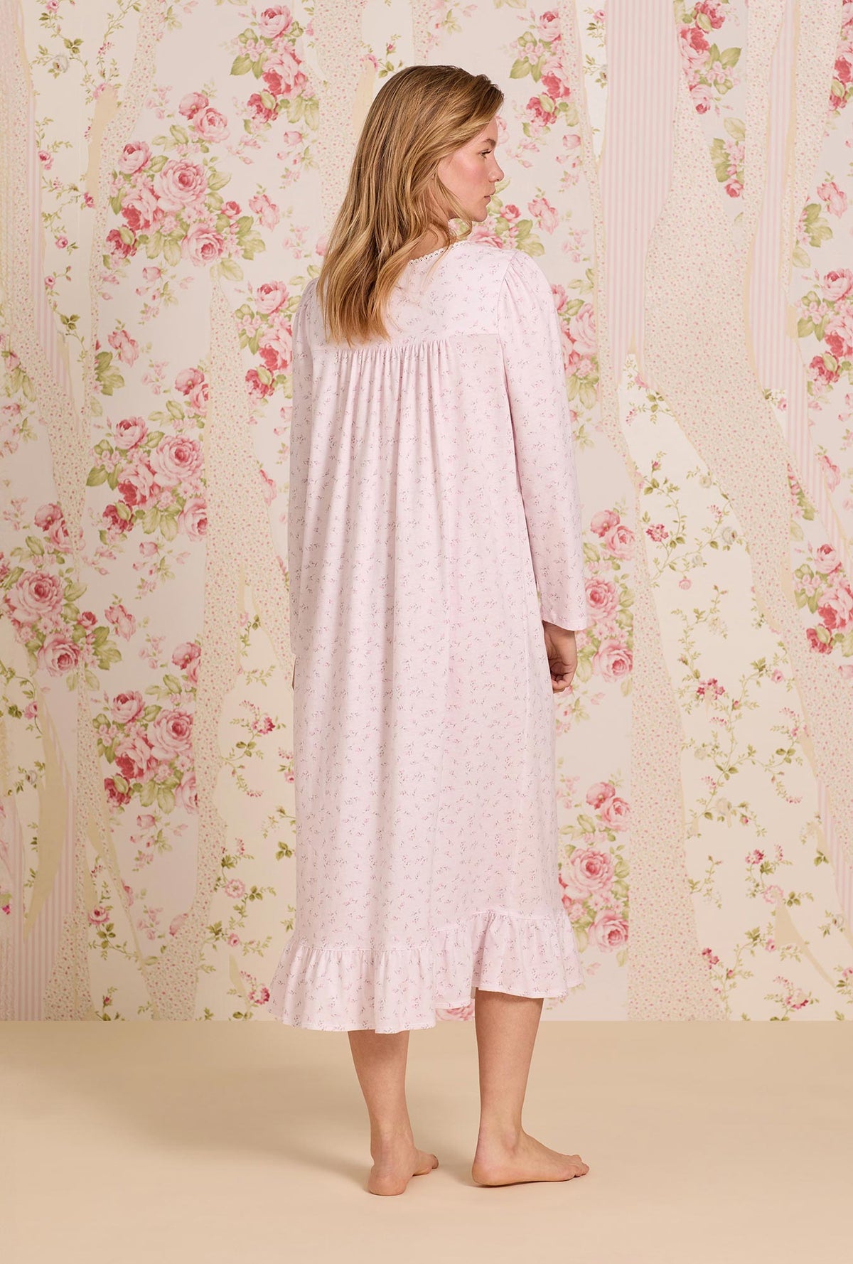 A lady wearing Baby Rose Cotton Knit Long Sleeve Ballet Nightgown