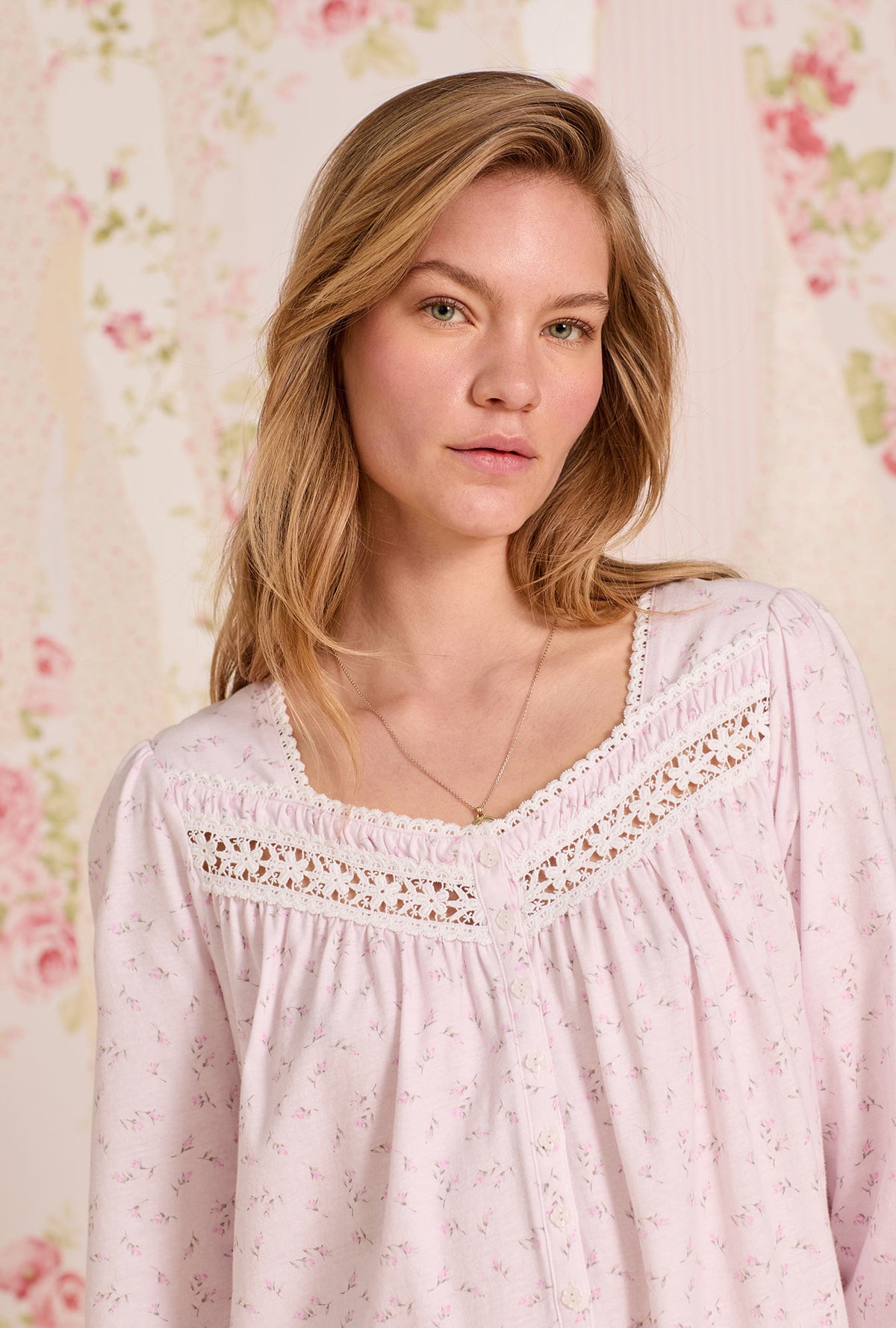 A lady wearing Baby Rose Cotton Knit Long Sleeve Ballet Nightgown