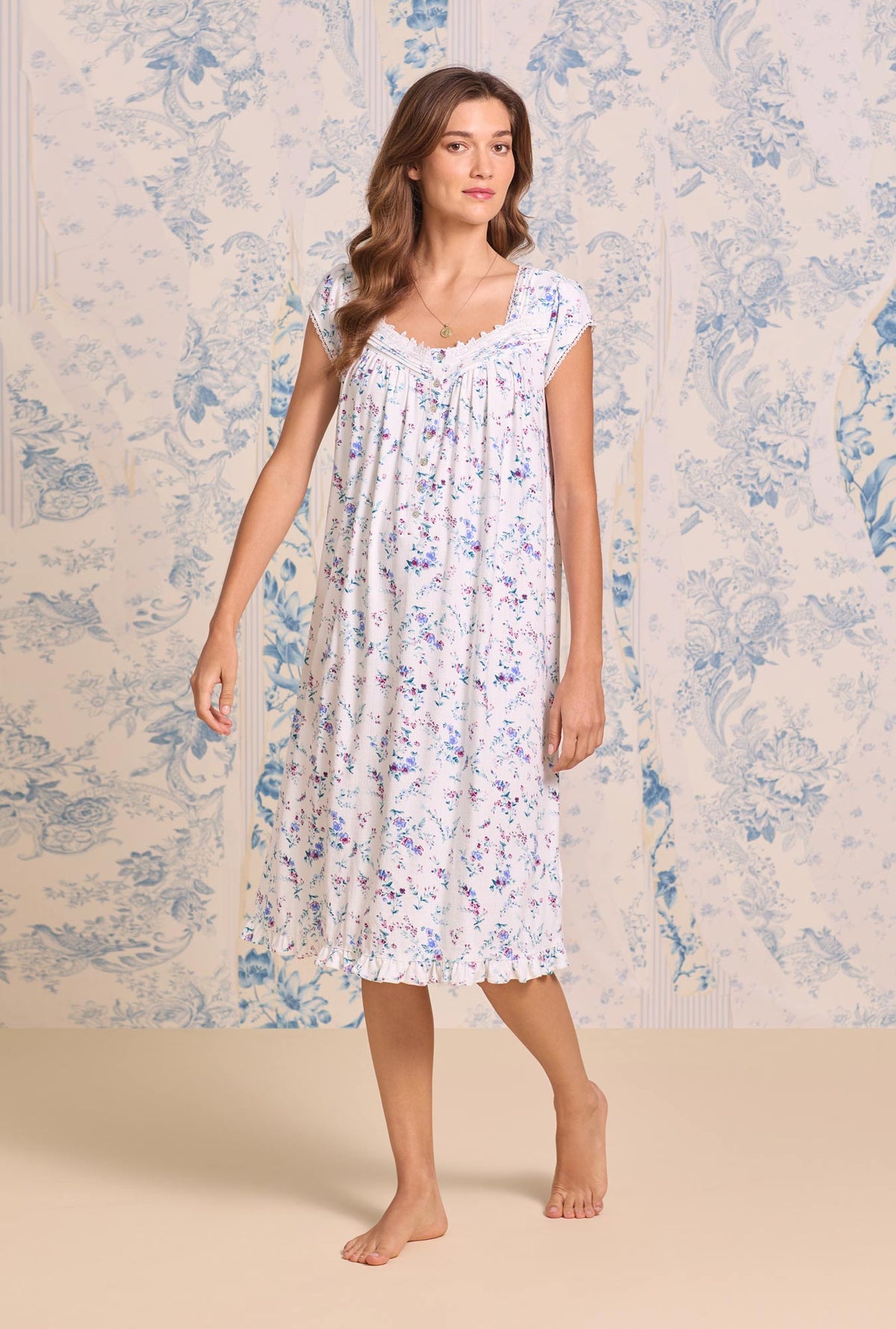 a lady wearing Cottage Flora Cotton Pointelle Cap Sleeve Waltz Nightgown
