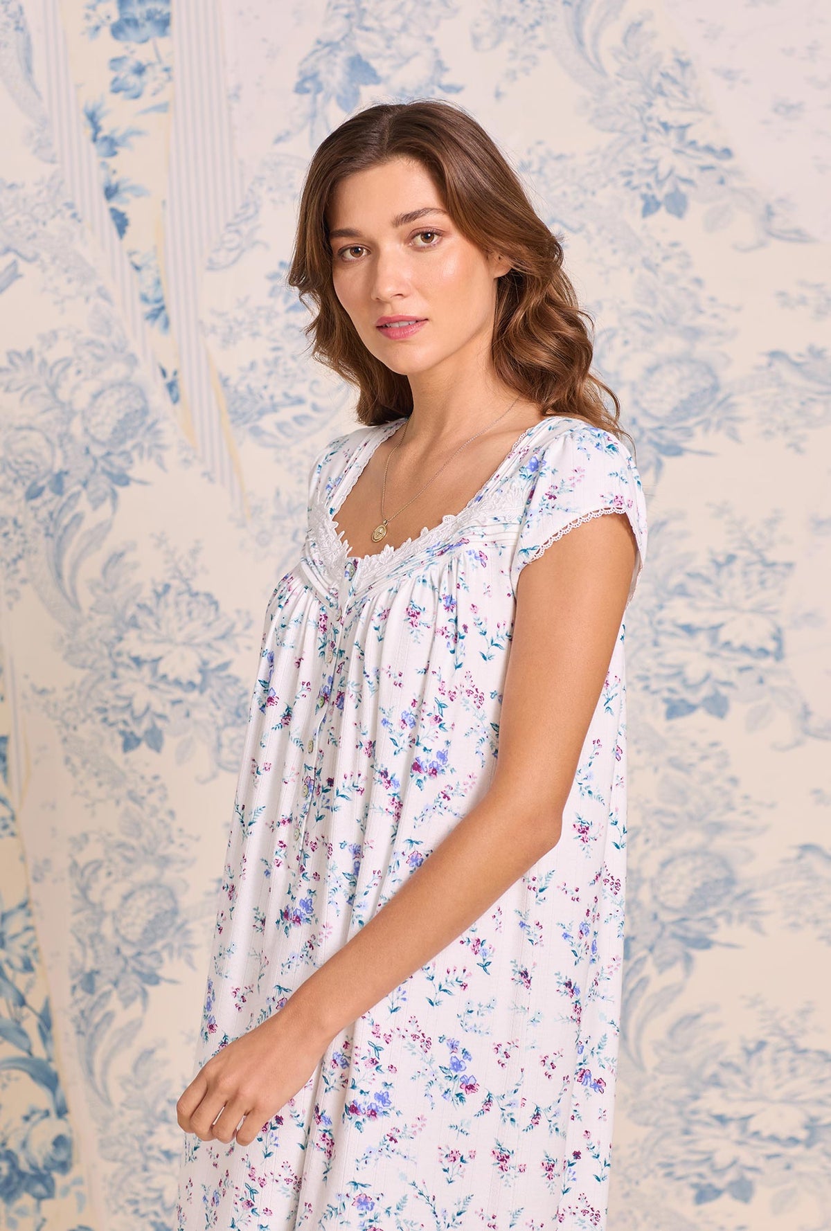 a lady wearing Cottage Flora Cotton Pointelle Cap Sleeve Waltz Nightgown
