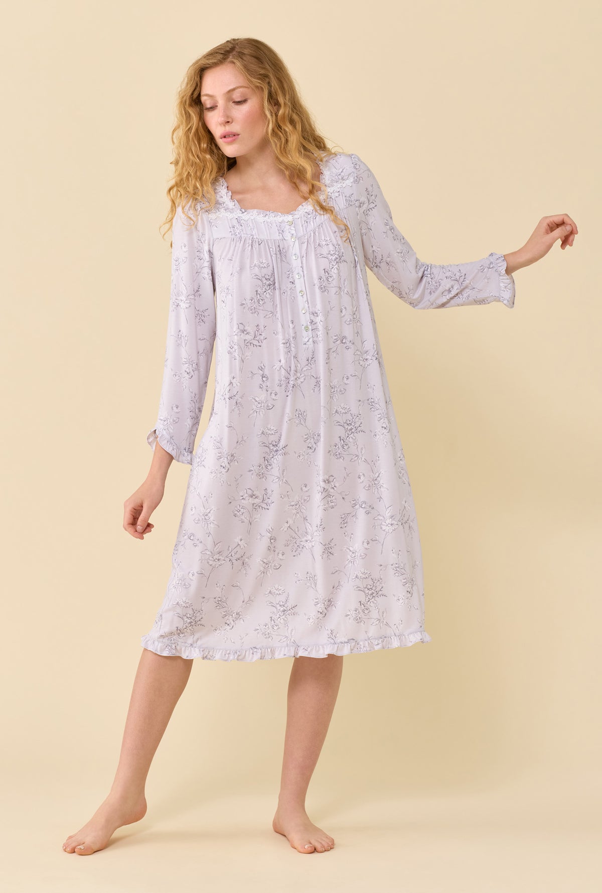 Silver Garden Tencel™ Modal Spandex Jersey Knit Long Sleeve Waltz Nightgown