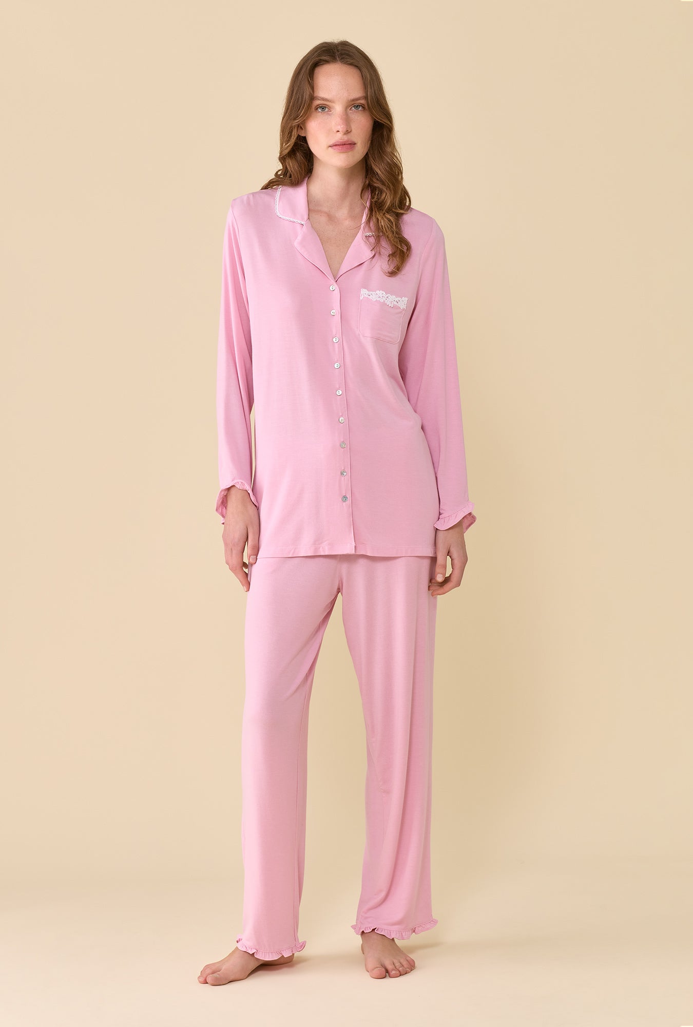 A lady wearing Dusty Rose Pajama