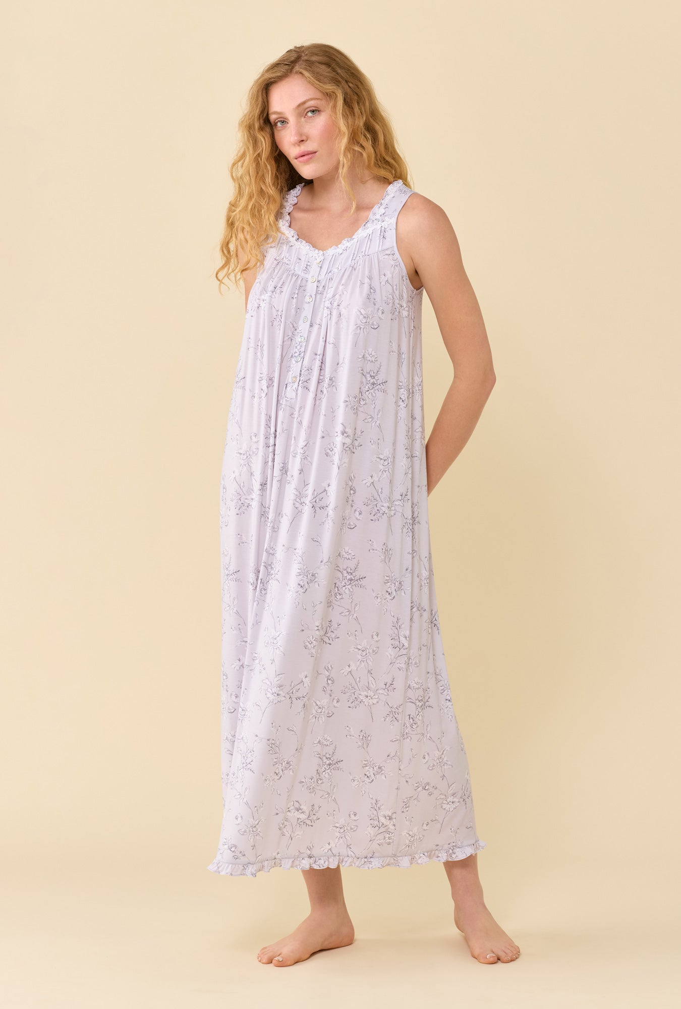 A lady wearing Eileen Silver Garden Tencel™ Modal Spandex Jersey Knit Ballet Nightgown 