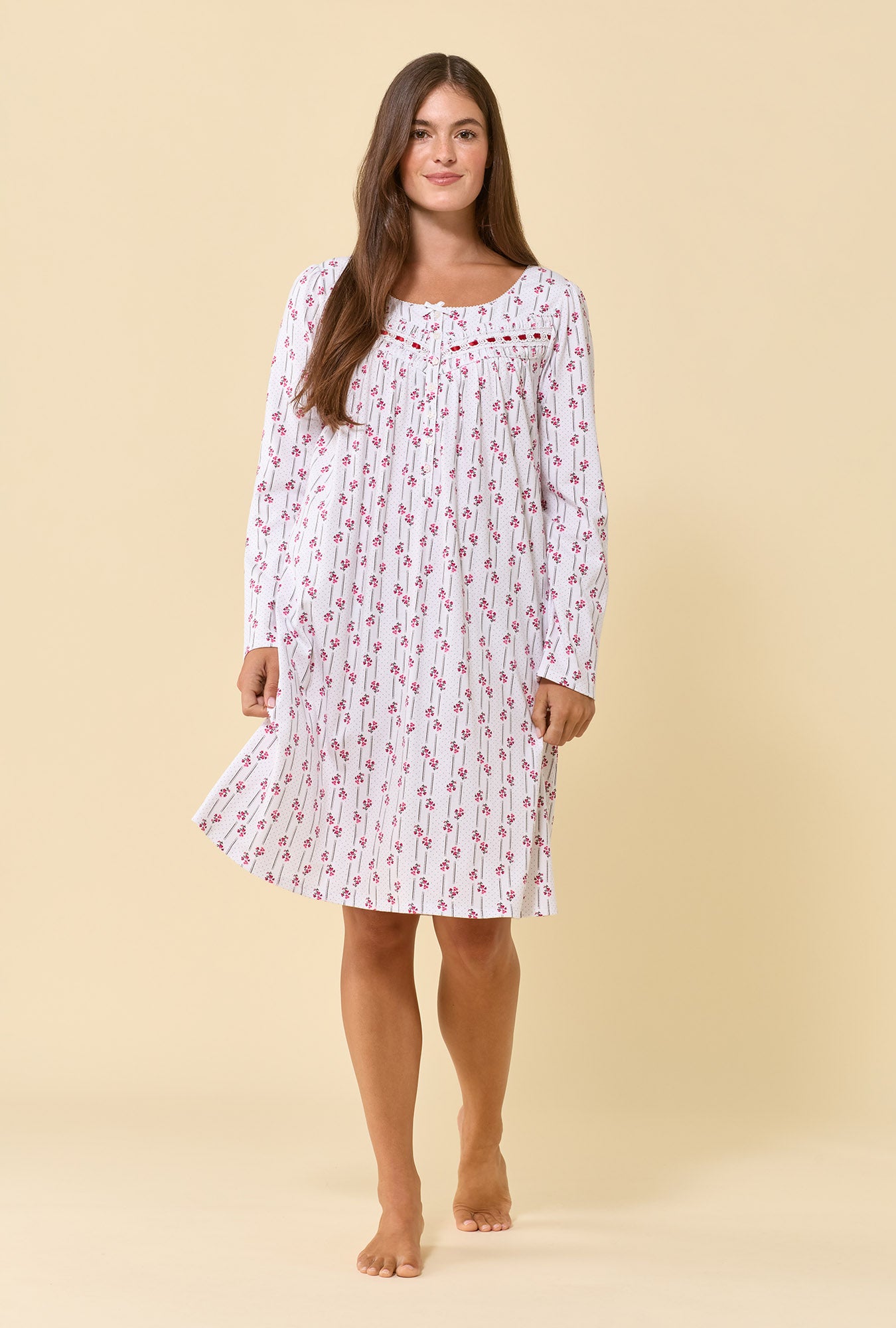 A lady wearing Trellis Rose 100% Cotton Jersey Knit Long Sleeve Chemise