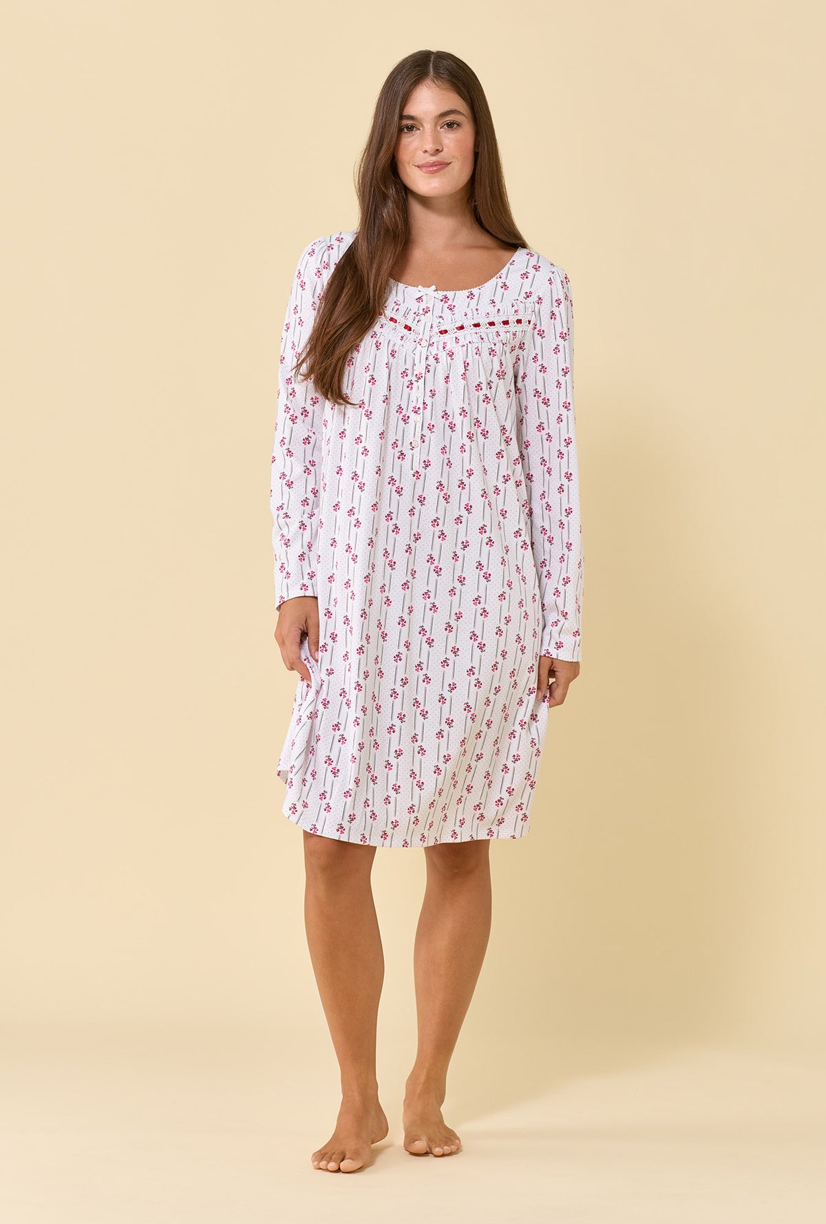 A lady wearing Trellis Rose 100% Cotton Jersey Knit Long Sleeve Chemise