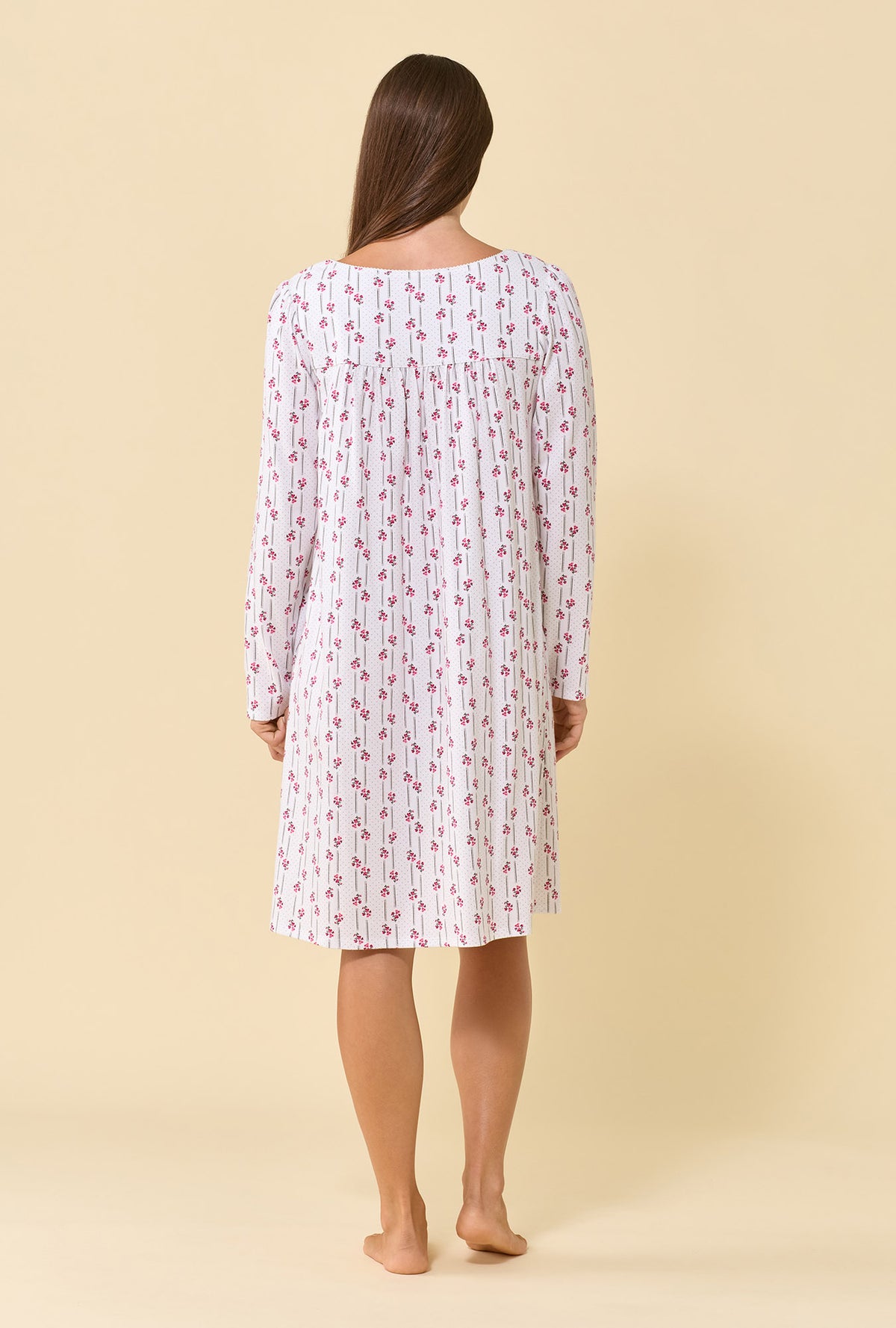 A lady wearing Trellis Rose 100% Cotton Jersey Knit Long Sleeve Chemise