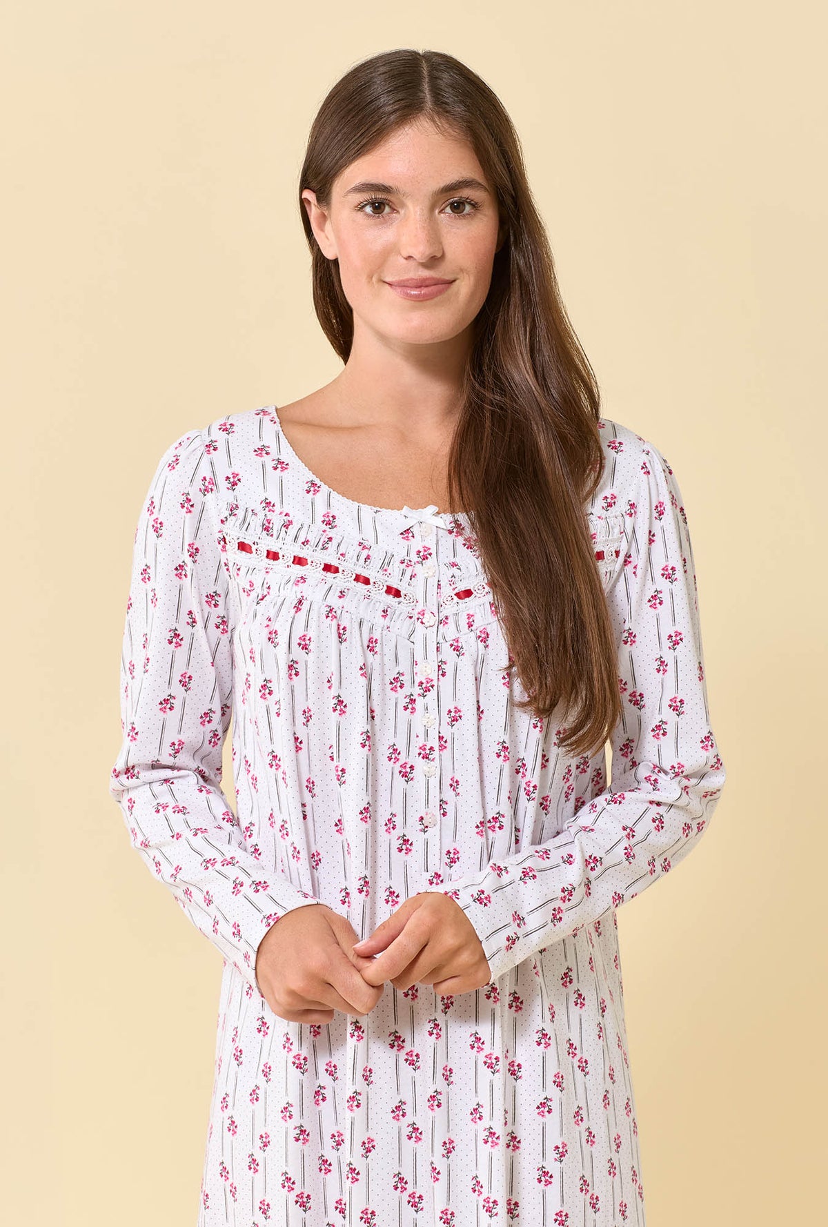 A lady wearing Trellis Rose 100% Cotton Jersey Knit Long Sleeve Chemise