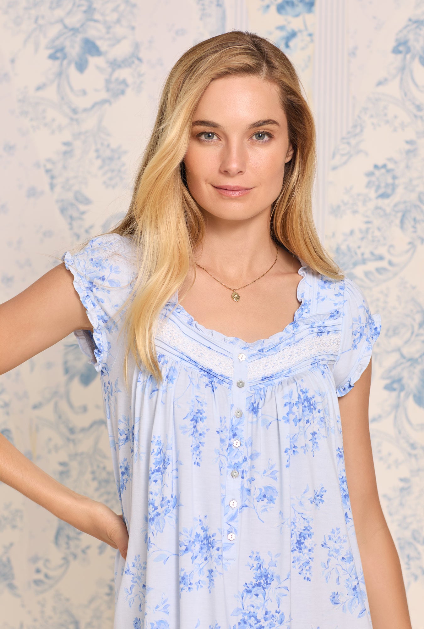 A lady wearing Tencel Blue Garden Modal Waltz Nightgown