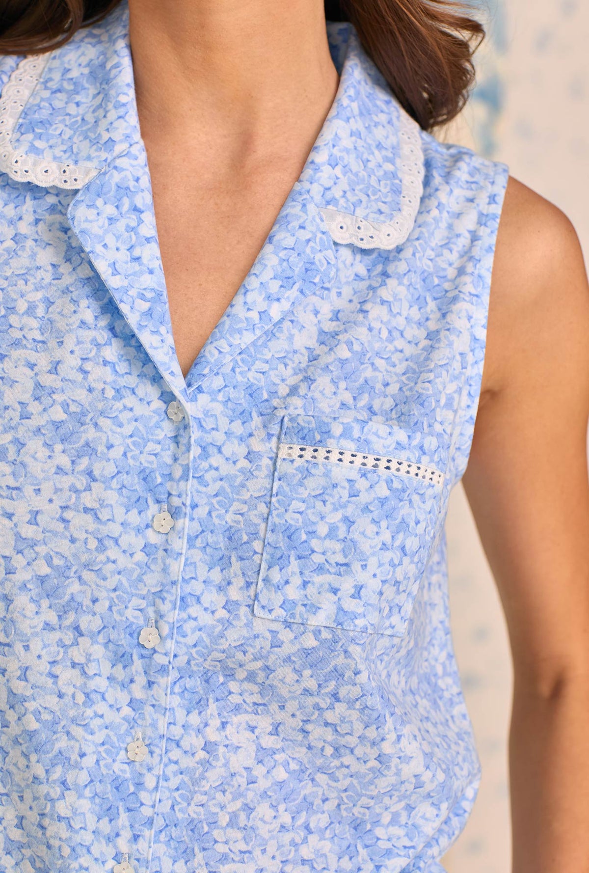 A lady wearing Blue Hydrangea Cotton Knit Capri Pajama closer look at fabric
