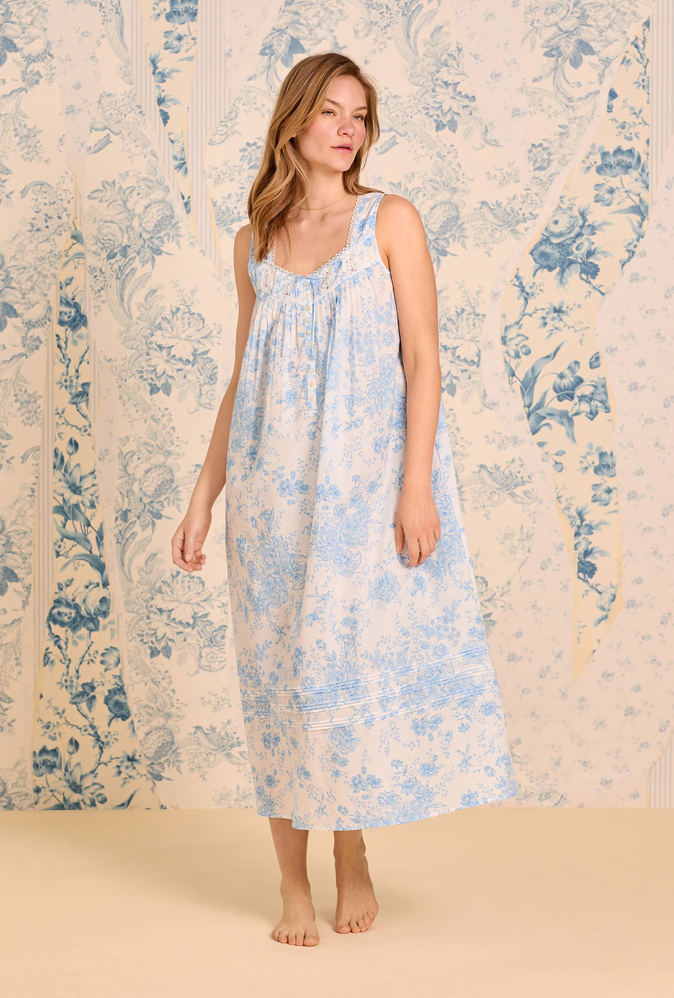 A lady wearing The "Eileen" Chateau Bloom Cotton Lawn Ballet Nightgown