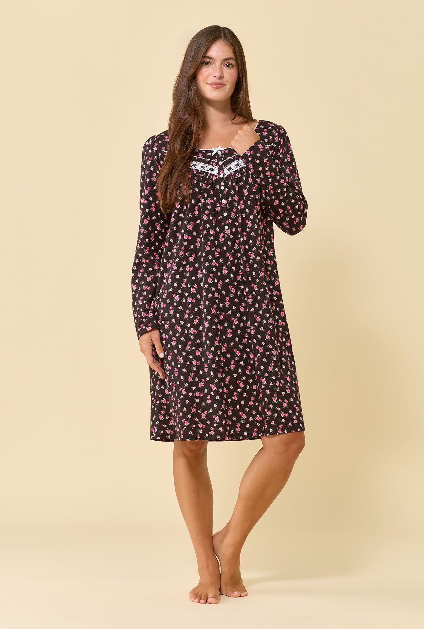 A lady wearing Night Garden 100% Cotton Jersey Knit Long Sleeve Chemise