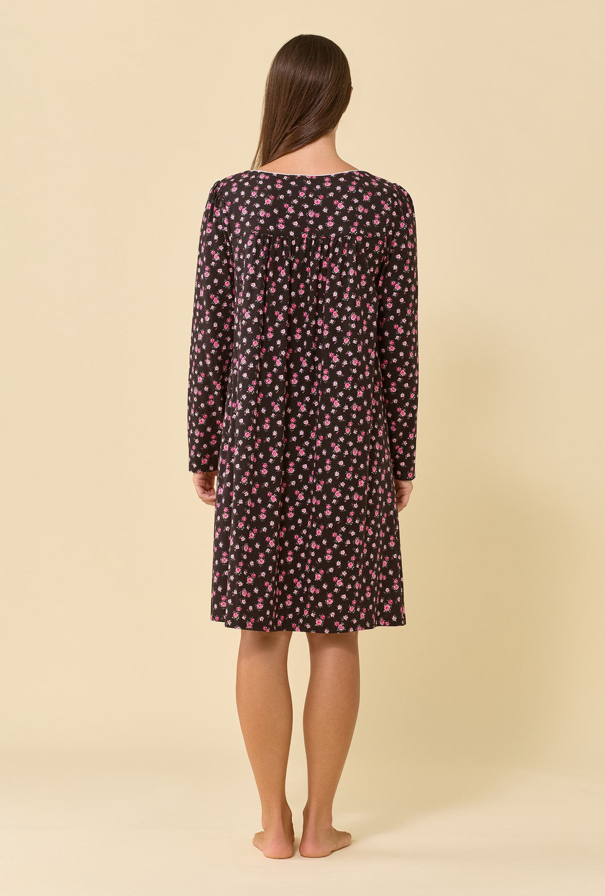 A lady wearing Night Garden 100% Cotton Jersey Knit Long Sleeve Chemise